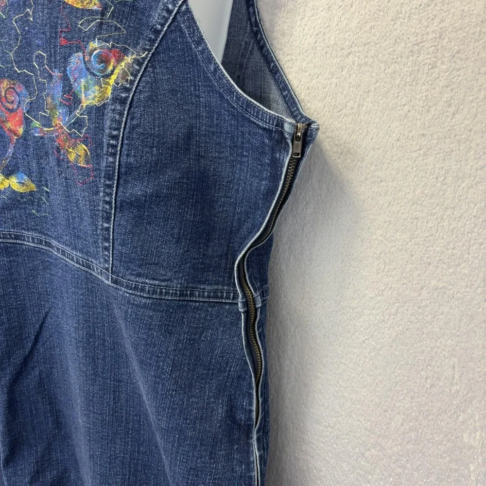 Vintage 90s Denim Painted Maxi Dress Womens XL Blue Floral Embroidered Artsy